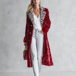 Stylish Loose-fitting Leopard-print Collar Red Velvet Coat