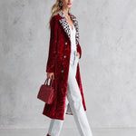 Stylish Loose-fitting Leopard-print Collar Red Velvet Coat
