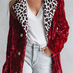 Stylish Loose-fitting Leopard-print Collar Red Velvet Coat