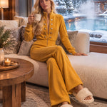 Women's Zipper Button Mustard Yellow Fleece Wide-Leg Jumpsuit