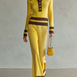 Retro Yellow Striped Polo Collar Knit Top Wide-Leg Pants Matching Sweater Set