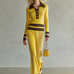 Retro Yellow Striped Polo Collar Knit Top Wide-Leg Pants Matching Sweater Set