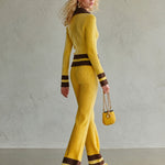 Retro Yellow Striped Polo Collar Knit Top Wide-Leg Pants Matching Sweater Set