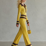 Retro Yellow Striped Polo Collar Knit Top Wide-Leg Pants Matching Sweater Set