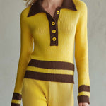 Retro Yellow Striped Polo Collar Knit Top Wide-Leg Pants Matching Sweater Set