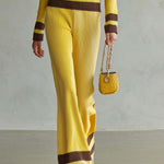 Retro Yellow Striped Polo Collar Knit Top Wide-Leg Pants Matching Sweater Set