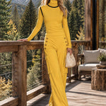 Women's Yellow Turtleneck Long-sleeved Top Paired With Black Trimmed Cargo Pants Set
