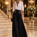 Women's Fashion White Long-Sleeved Shirt And Black High-Waisted Wide-Leg Pants Set