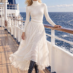 Women's White Ribbed Knit Turtleneck Slim-fit Long-sleeved Sweater