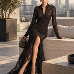 Women's Chocolate Brown Sheer Lace Long Sleeve Button-Front Maxi Dress