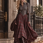 Retro Ribbed Knit Bodice Plaid Collared Maxi Dress