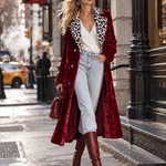 Stylish Loose-fitting Leopard-print Collar Red Velvet Coat