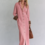 Casual Vintage Pink Button Front Long Shirt Dress