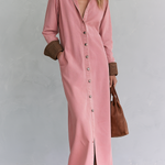 Casual Vintage Pink Button Front Long Shirt Dress