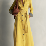 Modern Western Yellow Belted Button Front Denim Maxi Dress