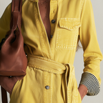 Modern Western Yellow Belted Button Front Denim Maxi Dress