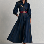 Vintage Military Dark Wash Gold Button Denim Maxi Dress