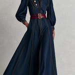 Vintage Military Dark Wash Gold Button Denim Maxi Dress