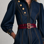 Vintage Military Dark Wash Gold Button Denim Maxi Dress