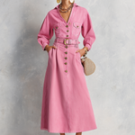 Retro Western Pink Belted Button Front Denim Midi Dress