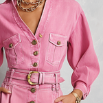 Retro Western Pink Belted Button Front Denim Midi Dress
