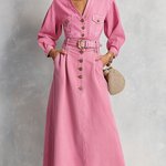 Retro Western Pink Belted Button Front Denim Midi Dress