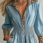 Glam Western Leopard Trim Denim Button Front Midi Dress