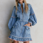 Retro Western Light Wash Ruffle Hem Denim Mini Dress
