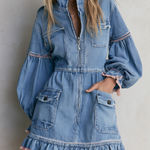 Retro Western Light Wash Ruffle Hem Denim Mini Dress