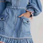 Retro Western Light Wash Ruffle Hem Denim Mini Dress