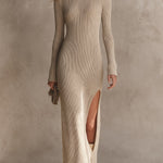 Minimalist Oatmeal Ribbed Knit Slit Maxi Dress
