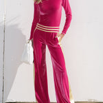 Women's Gold Striped Bright Pink Velvet T-Shirt And Wide-Leg Pants Two-Piece Set