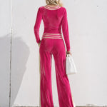 Women's Gold Striped Bright Pink Velvet T-Shirt And Wide-Leg Pants Two-Piece Set