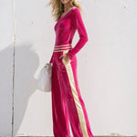 Women's Gold Striped Bright Pink Velvet T-Shirt And Wide-Leg Pants Two-Piece Set