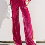 Women's Gold Striped Bright Pink Velvet T-Shirt And Wide-Leg Pants Two-Piece Set