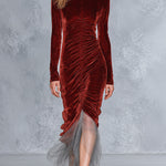 Elegant Tulle Hem Rust-Red Pleated Velvet Maxi Dress