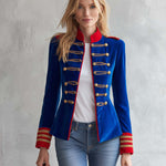 Vintage Military Royal Blue Velvet Gold Braided Frog Button Band Jacket