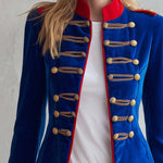 Vintage Military Royal Blue Velvet Gold Braided Frog Button Band Jacket