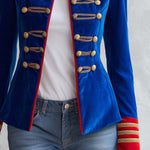 Vintage Military Royal Blue Velvet Gold Braided Frog Button Band Jacket