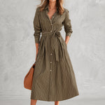 Olive Green Pinstripe Long Sleeve Button-Front Belted Midi Dress