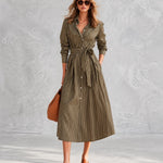 Olive Green Pinstripe Long Sleeve Button-Front Belted Midi Dress