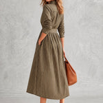 Olive Green Pinstripe Long Sleeve Button-Front Belted Midi Dress