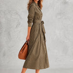 Olive Green Pinstripe Long Sleeve Button-Front Belted Midi Dress