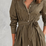 Olive Green Pinstripe Long Sleeve Button-Front Belted Midi Dress