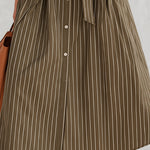 Olive Green Pinstripe Long Sleeve Button-Front Belted Midi Dress