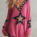 Lazy Western Pink Star Oversized V-Neck Button Trim Long Sleeve Knit Midi Sweater Dress