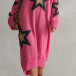 Lazy Western Pink Star Oversized V-Neck Button Trim Long Sleeve Knit Midi Sweater Dress