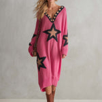 Lazy Western Pink Star Oversized V-Neck Button Trim Long Sleeve Knit Midi Sweater Dress