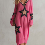 Lazy Western Pink Star Oversized V-Neck Button Trim Long Sleeve Knit Midi Sweater Dress