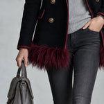 Fashionable Retro Burgundy Faux Feather Hem Black Wool Blend Coat